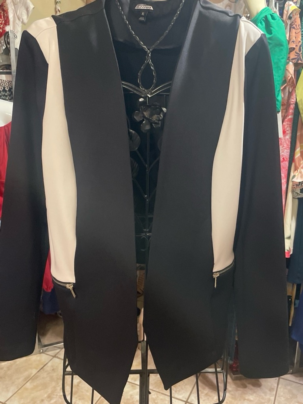 Black and White Open Front Blazer with Zip Accents